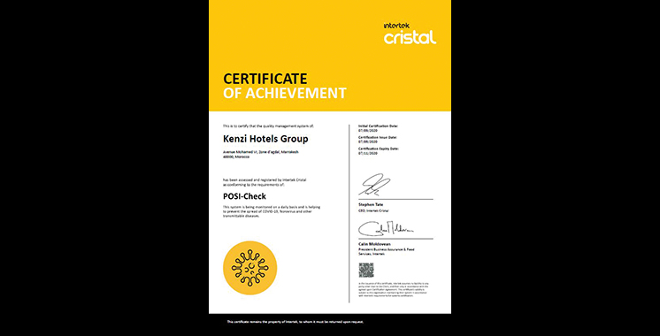 Délivrée par Cristal International Standards :La labellisation Posi-Check maintenue pour le Groupe Kenzi Hotels