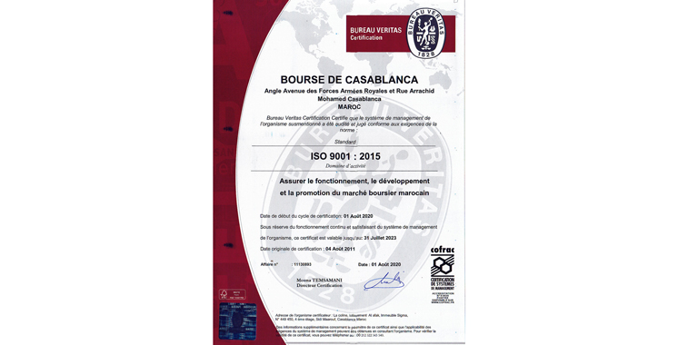 Bourse  de Casablanca :  Renouvellement des certifications ISO 9001  et ISO 27 001
